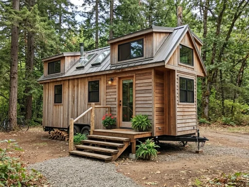 Molecule Tiny Homes: 2026 Architectural Review & Floor Plans 1 Handcrafted Molecule tiny home with split-level loft and front porch in woods