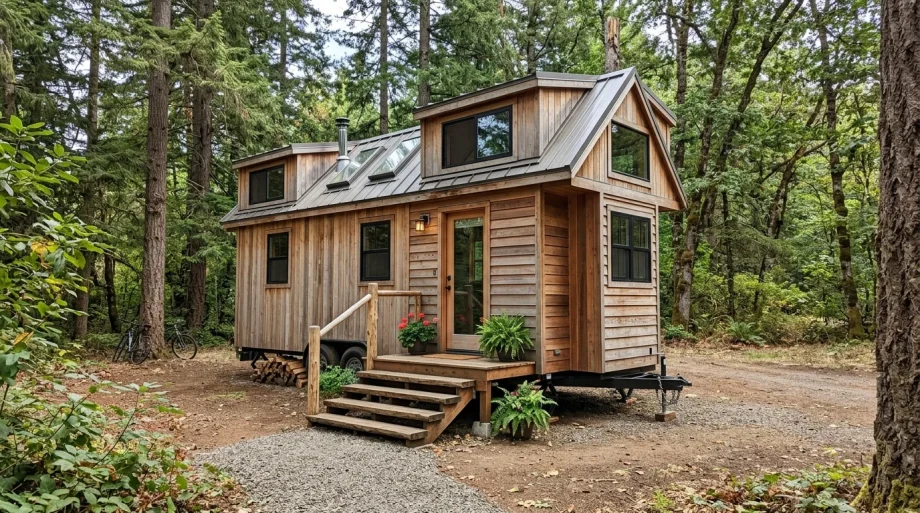 Handcrafted Molecule tiny home with split-level loft and front porch in woods