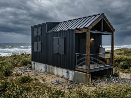 Storm-hardened modern tiny home anchored with coastal storm defenses (AI Generated Image)