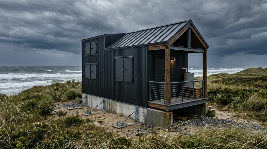 Storm-hardened modern tiny home anchored with coastal storm defenses (AI Generated Image)