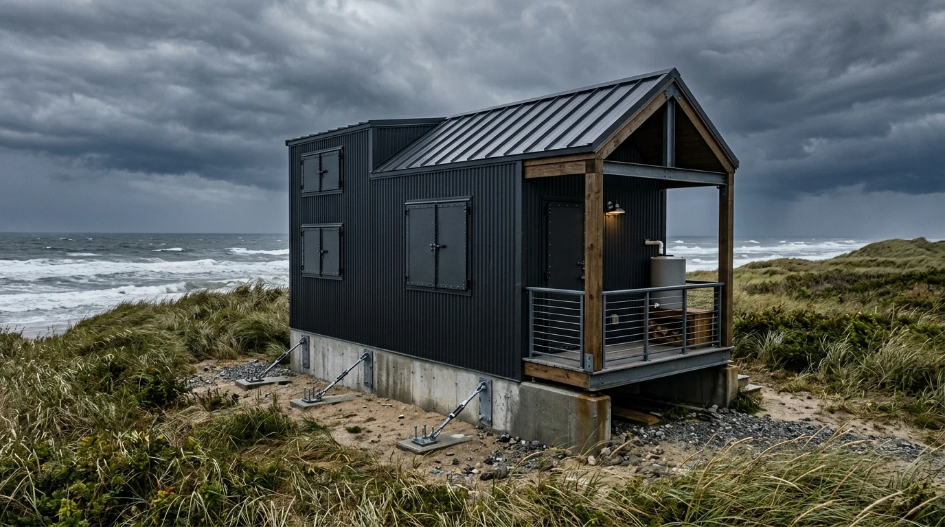 Storm-hardened modern tiny home anchored with coastal storm defenses (AI Generated Image)