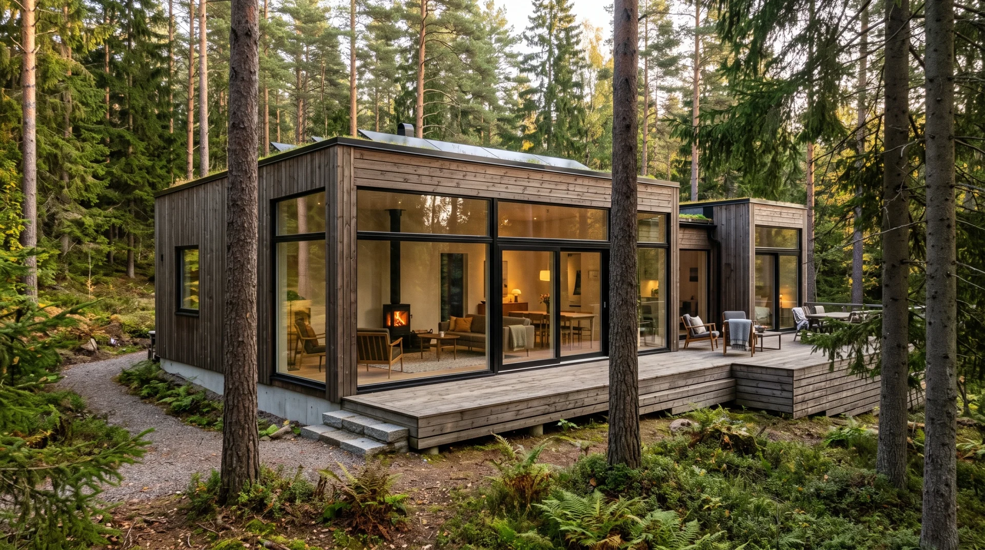DublDom Modular Homes Review: Architecture, True Costs, and Owner Feedback 2 Contemporary Scandinavian modular wooden house with glass facade in pine forest (AI Generated Image)