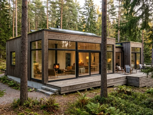 Contemporary Scandinavian modular wooden house with glass facade in pine forest (AI Generated Image)