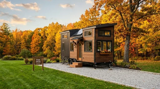 Handcrafted tiny house on wheels with tasteful for sale sign on gravel driveway (AI Generated Image)