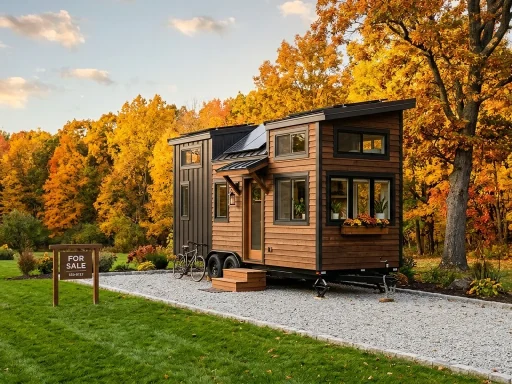 Handcrafted tiny house on wheels with tasteful for sale sign on gravel driveway (AI Generated Image)