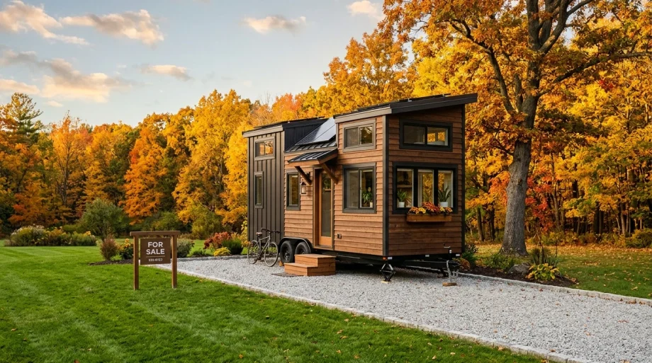 Handcrafted tiny house on wheels with tasteful for sale sign on gravel driveway (AI Generated Image)