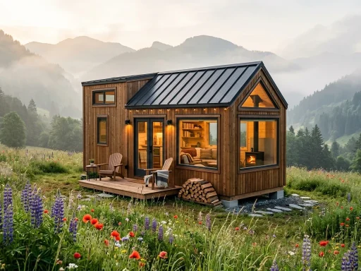 Luxury modern tiny house cabin in mountain wildflower meadow (AI Generated Image)