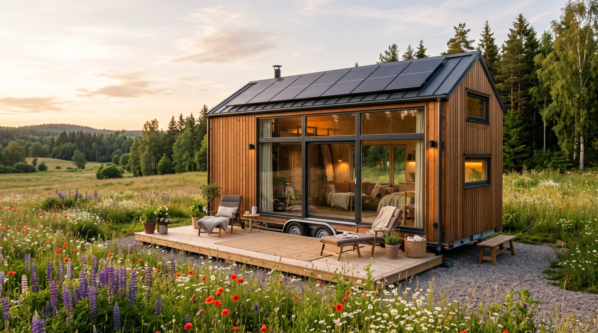 Modern Scandinavian tiny house on wheels in a wildflower meadow with solar panels and cozy deck (AI Generated Image)
