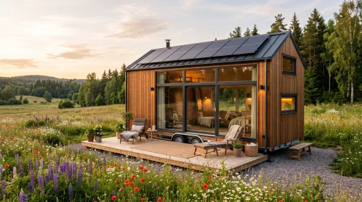 Living Small: Complete Guide to the Tiny House Lifestyle (2026) 1 Modern Scandinavian tiny house on wheels in a wildflower meadow with solar panels and cozy deck (AI Generated Image)