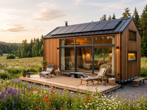 Modern Scandinavian tiny house on wheels in a wildflower meadow with solar panels and cozy deck