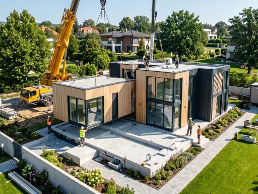 Modern architectural modular home being precisely assembled on a concrete foundation in a residential neighborhood