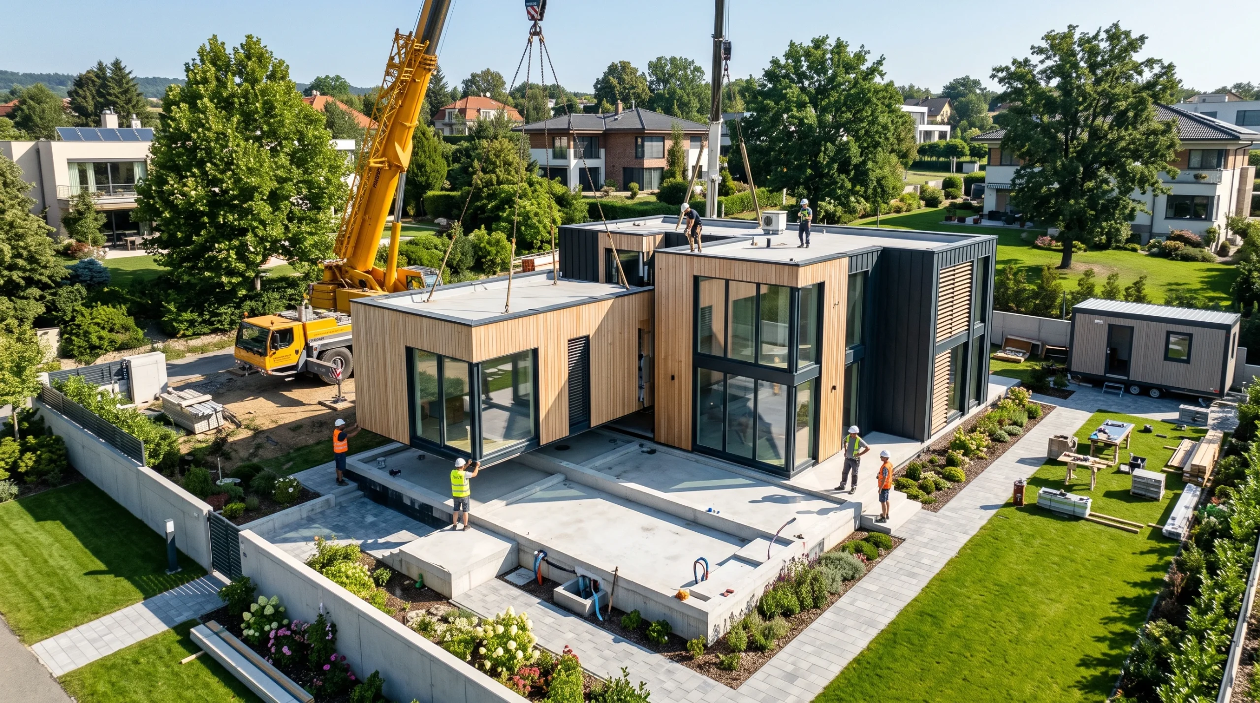 Are Modular Homes Considered Manufactured? HUD Code vs IRC (2026 Guide) 3 Modern architectural modular home being precisely assembled on a concrete foundation in a residential neighborhood