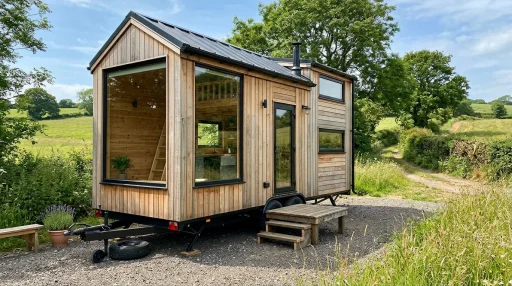 Custom Magdala tiny home on trailer chassis in countryside setting