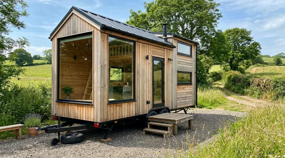 Custom Magdala tiny home on trailer chassis in countryside setting