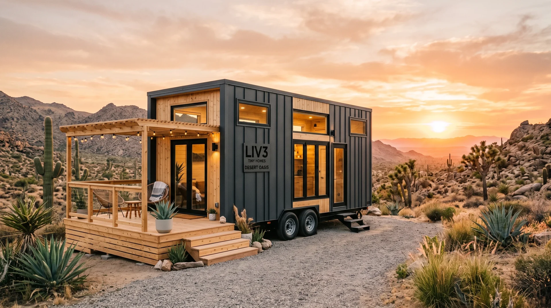 Architectural turnkey tiny home on wheels by LIV3 parked on a scenic property (AI Generated Image)