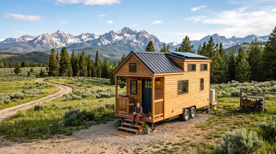 Moveable modern tiny home parked legally on rural property in Idaho (AI Generated Image)