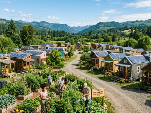 Living Small Movement: Trends, Financial Freedom & Downsizing Guide (2026) 3 Vibrant community of modern tiny houses in a green valley with solar panels (AI Generated Image)