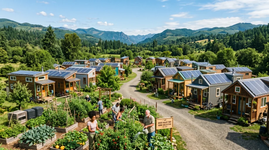 Vibrant community of modern tiny houses in a green valley with solar panels (AI Generated Image)