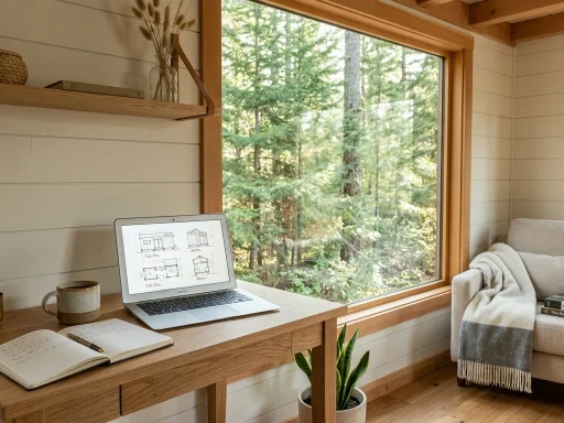Modern minimalist tiny home interior with digital architectural workspace (AI Generated Image)