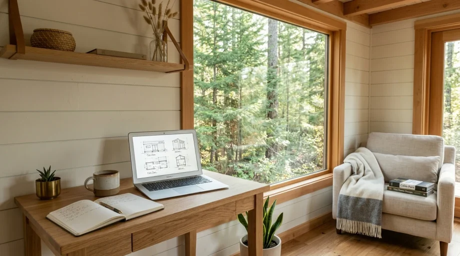Modern minimalist tiny home interior with digital architectural workspace (AI Generated Image)